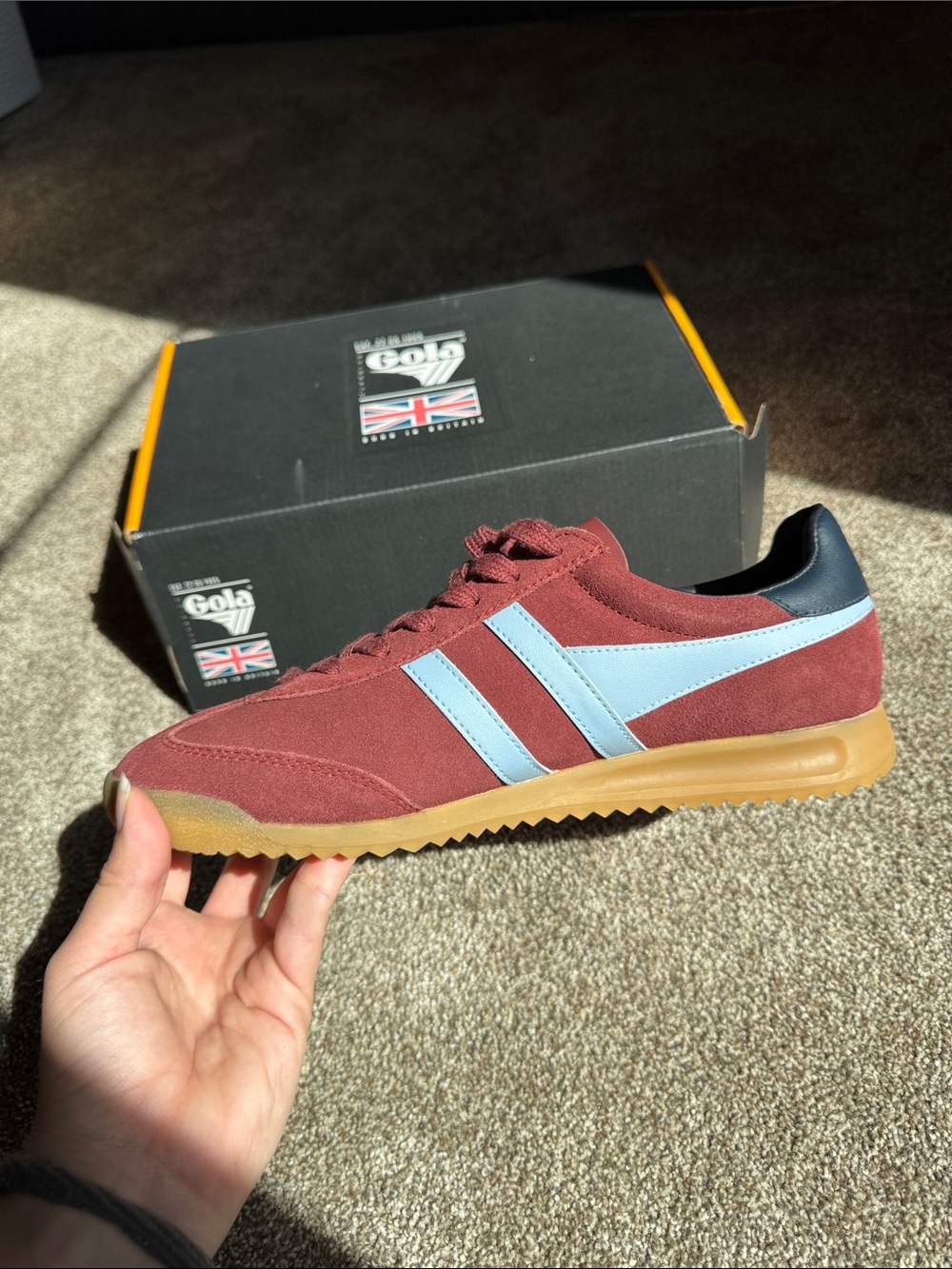 Gola Maroon Suede Sneaker with Light Blue Stripes